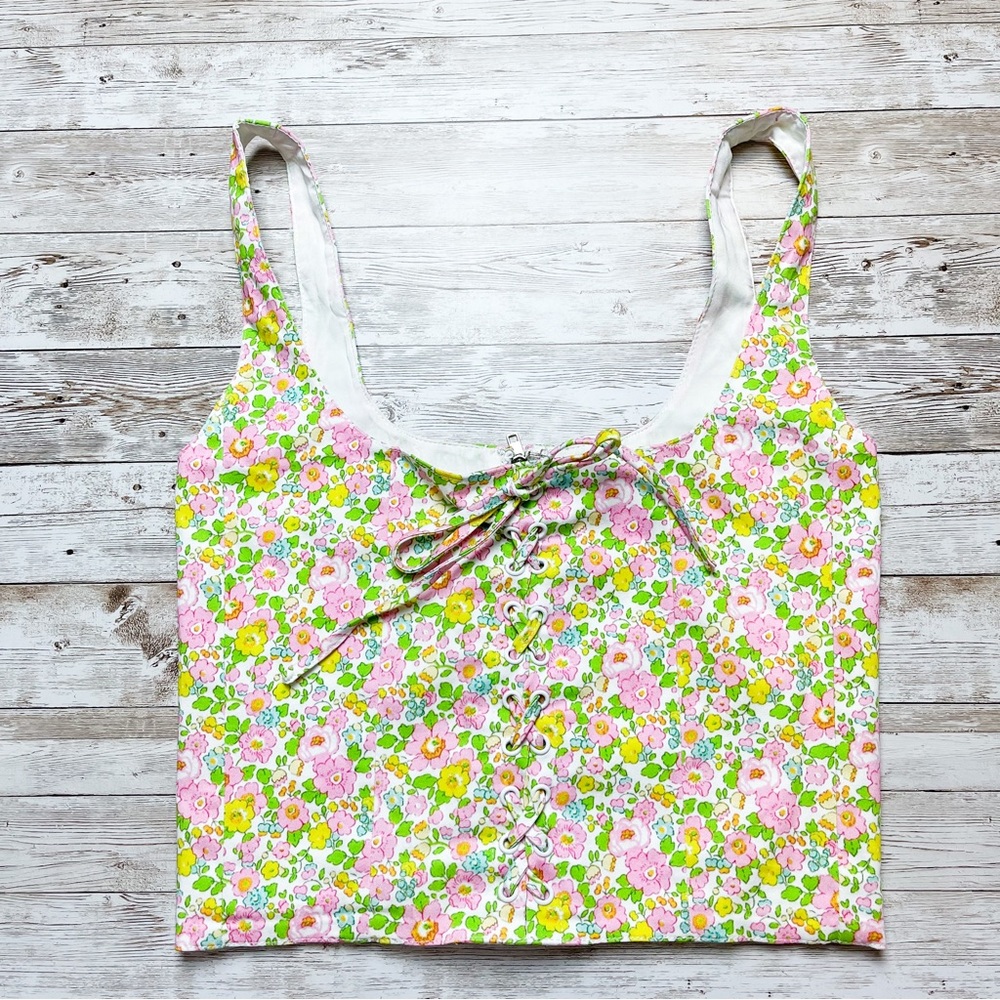 With Jean Victoria Corset in Floral Pansies Pink Green Size XS - Picture 2 of 9